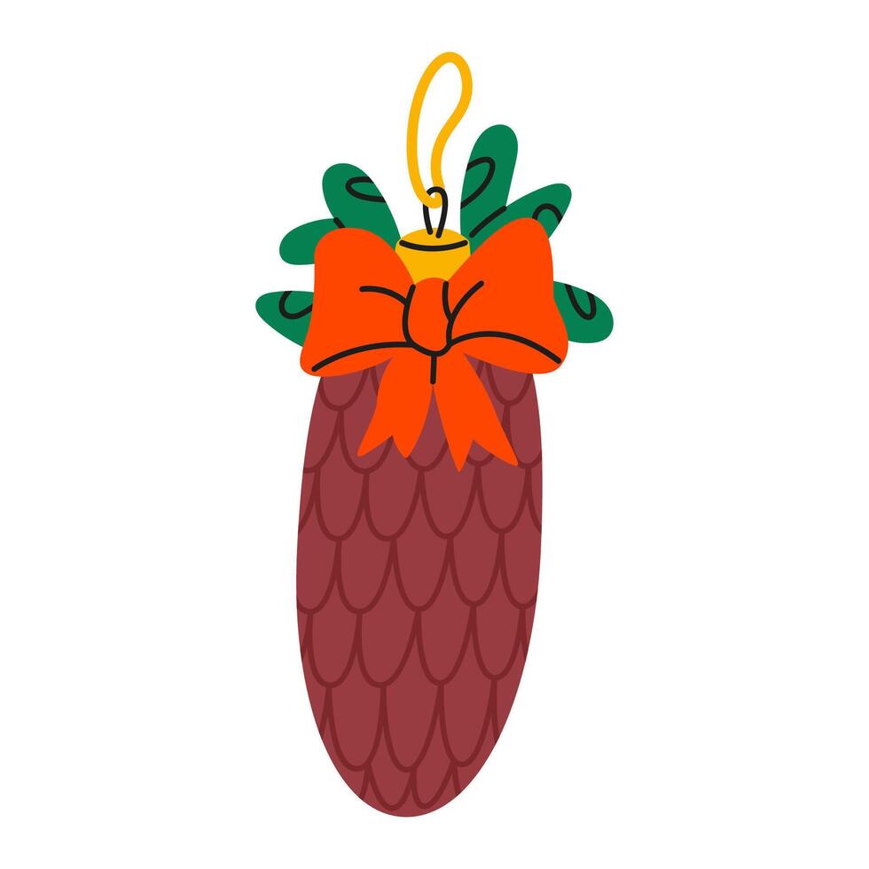 Christmas tree decoration pine cone with a bow. Decorative toy suspended on lace. Flat illustration isolated on white background. vector
