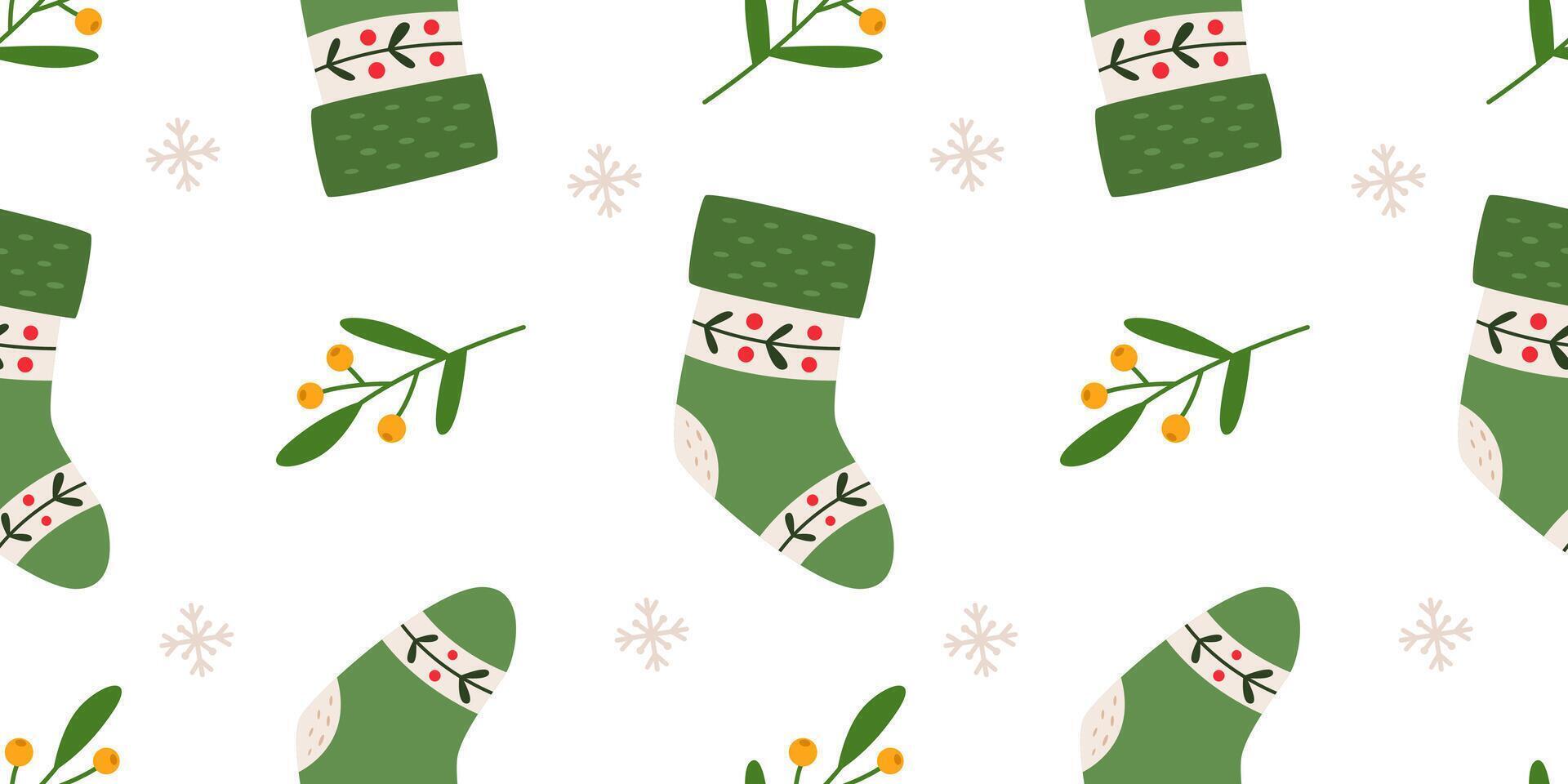 Green Christmas socks seamless pattern. Christmas stockings pattern. Flat illustration on white background. vector