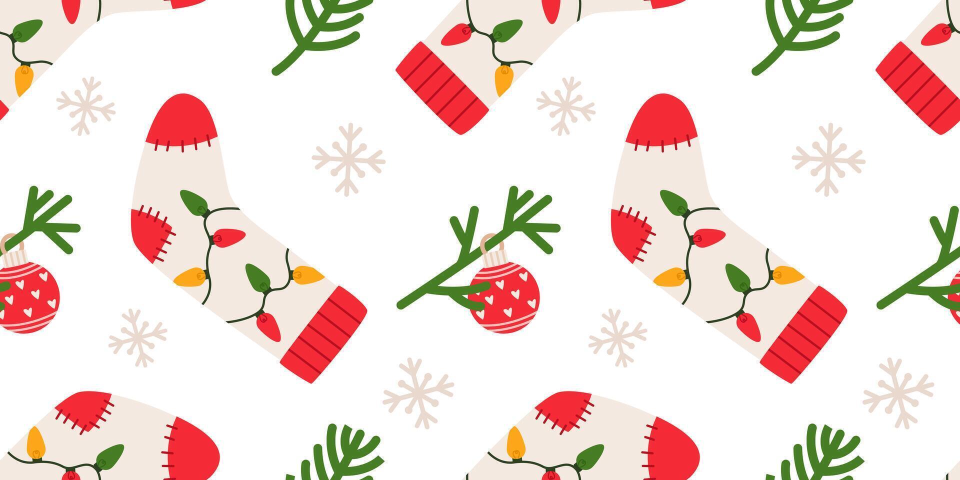 Christmas socks with christmas lanterns seamless pattern. Christmas stockings pattern. Flat illustration on white background. vector