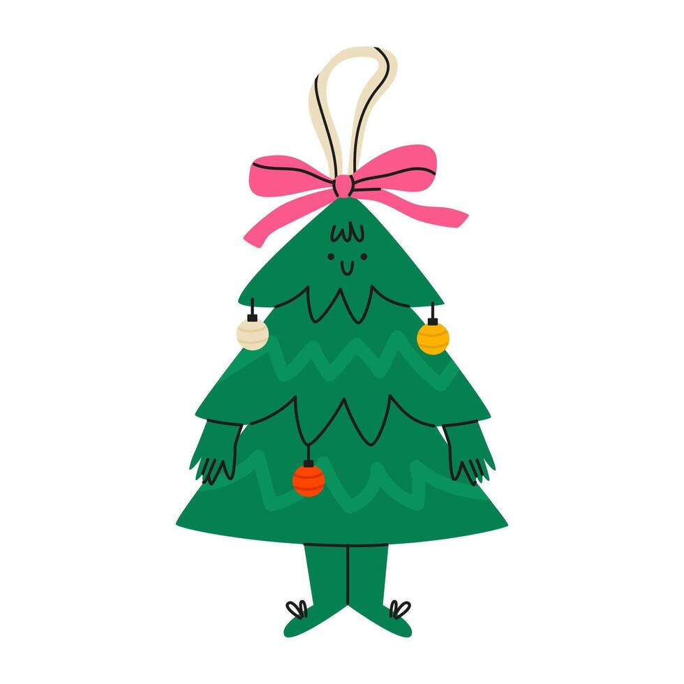 Christmas tree decoration. Christmas tree with bow. Decorative toy suspended on lace. Flat illustration isolated on white background. vector