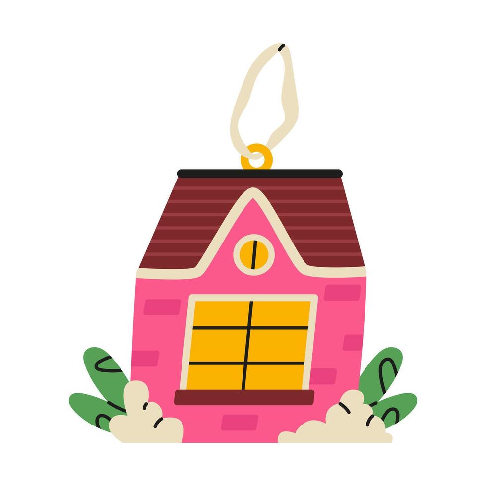 Christmas tree decoration house. Decorative toy suspended on lace. Flat illustration isolated on white background. vector