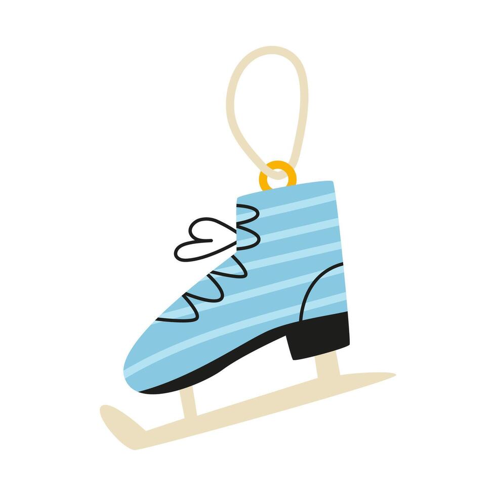 Christmas tree decoration ice skate. Decorative toy suspended on lace. Flat illustration isolated on white background. vector