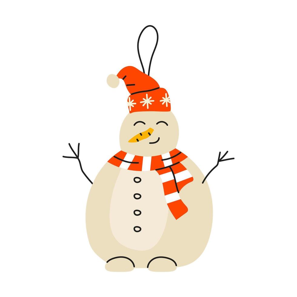 Christmas tree decoration snowman. Decorative toy suspended on lace. Flat illustration isolated on white background. vector