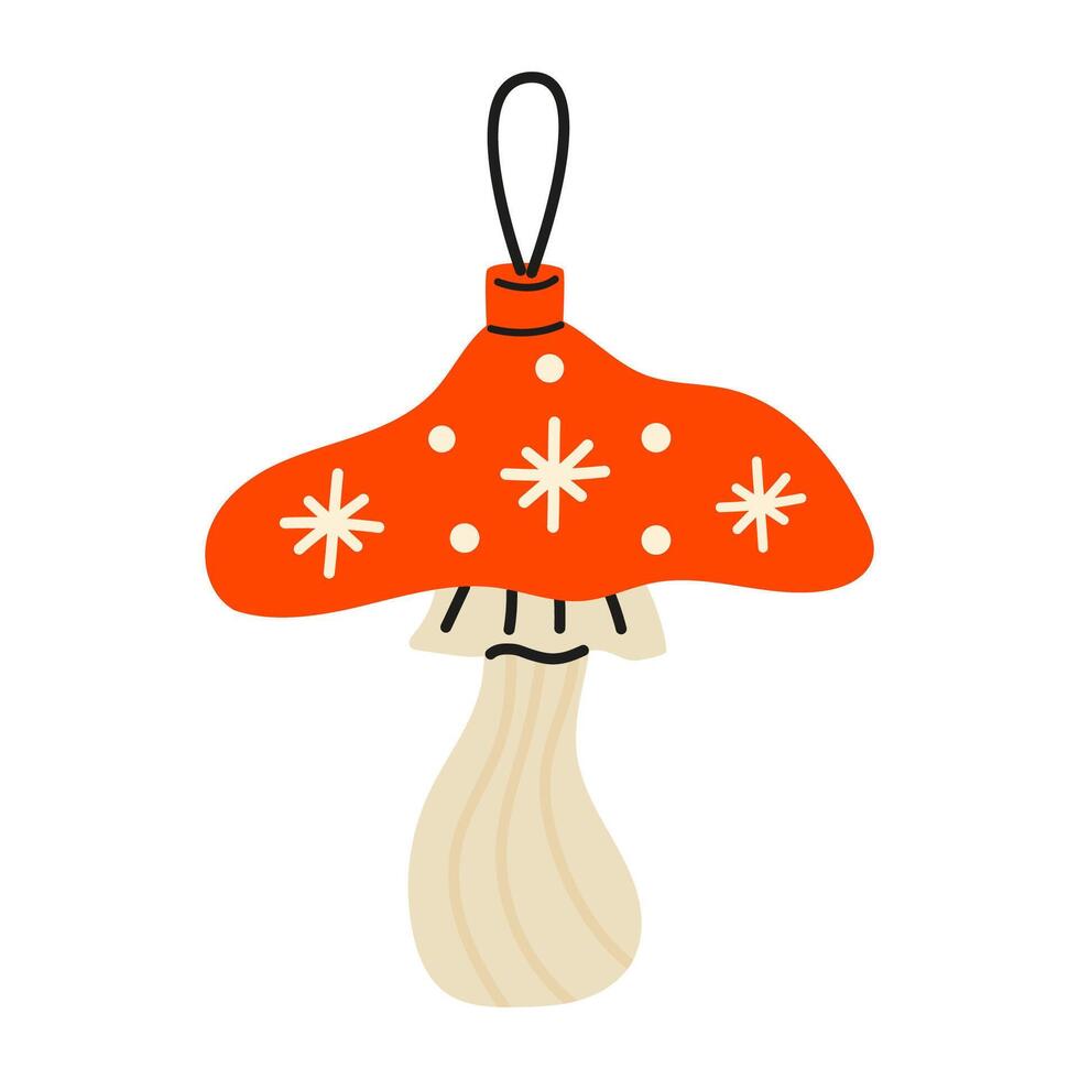 Christmas tree decoration mushroom. Decorative toy suspended on lace. Flat illustration isolated on white background. vector