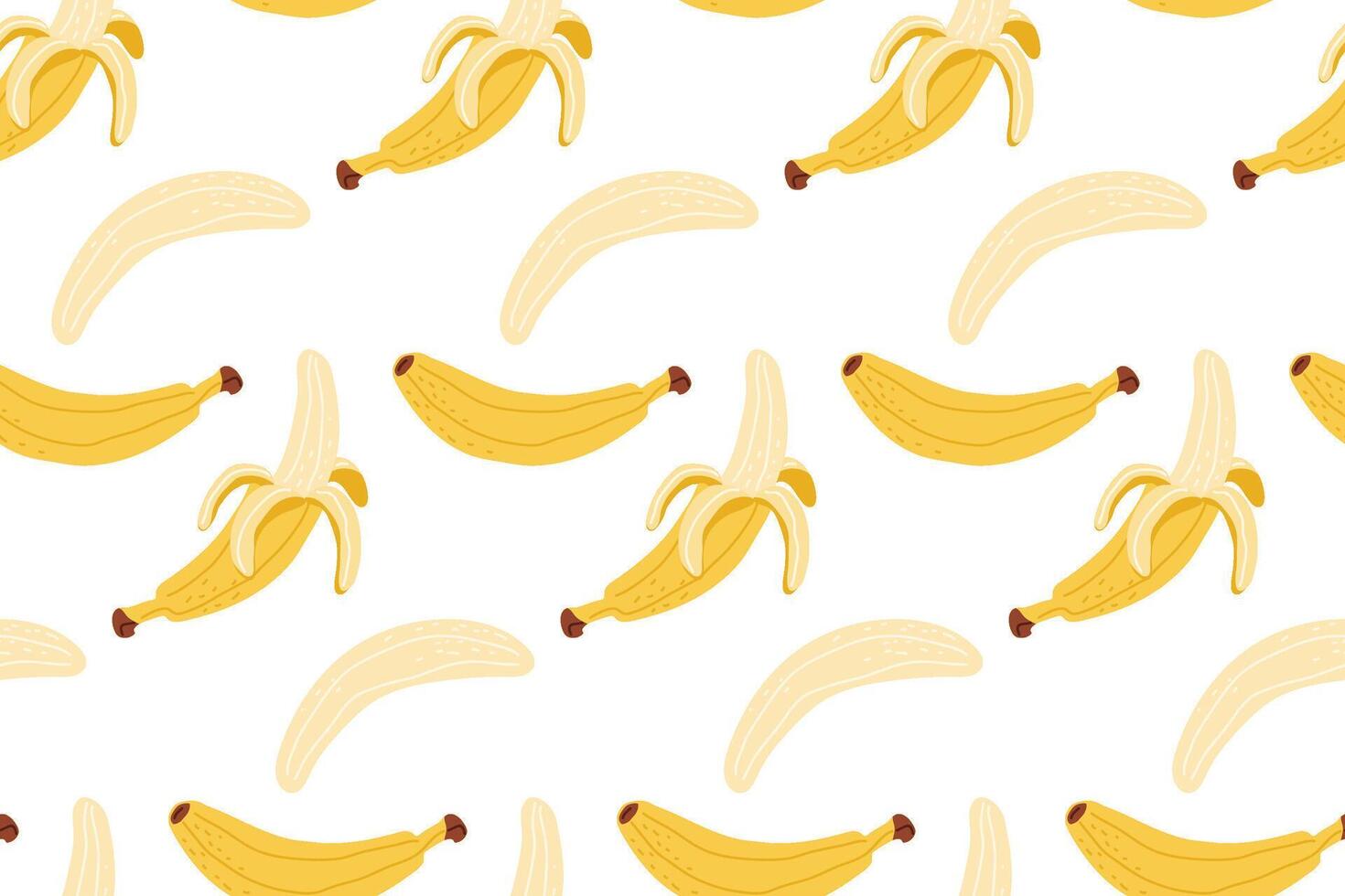 Colorful banana pattern on a white background featuring whole and peeled bananas vector