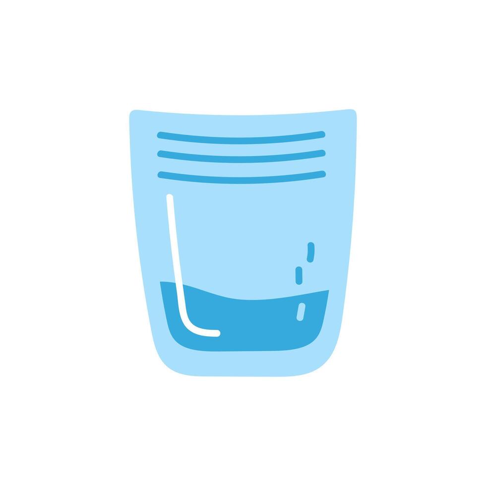 A clear blue cup filled with water sits on a white surface in a bright environment vector