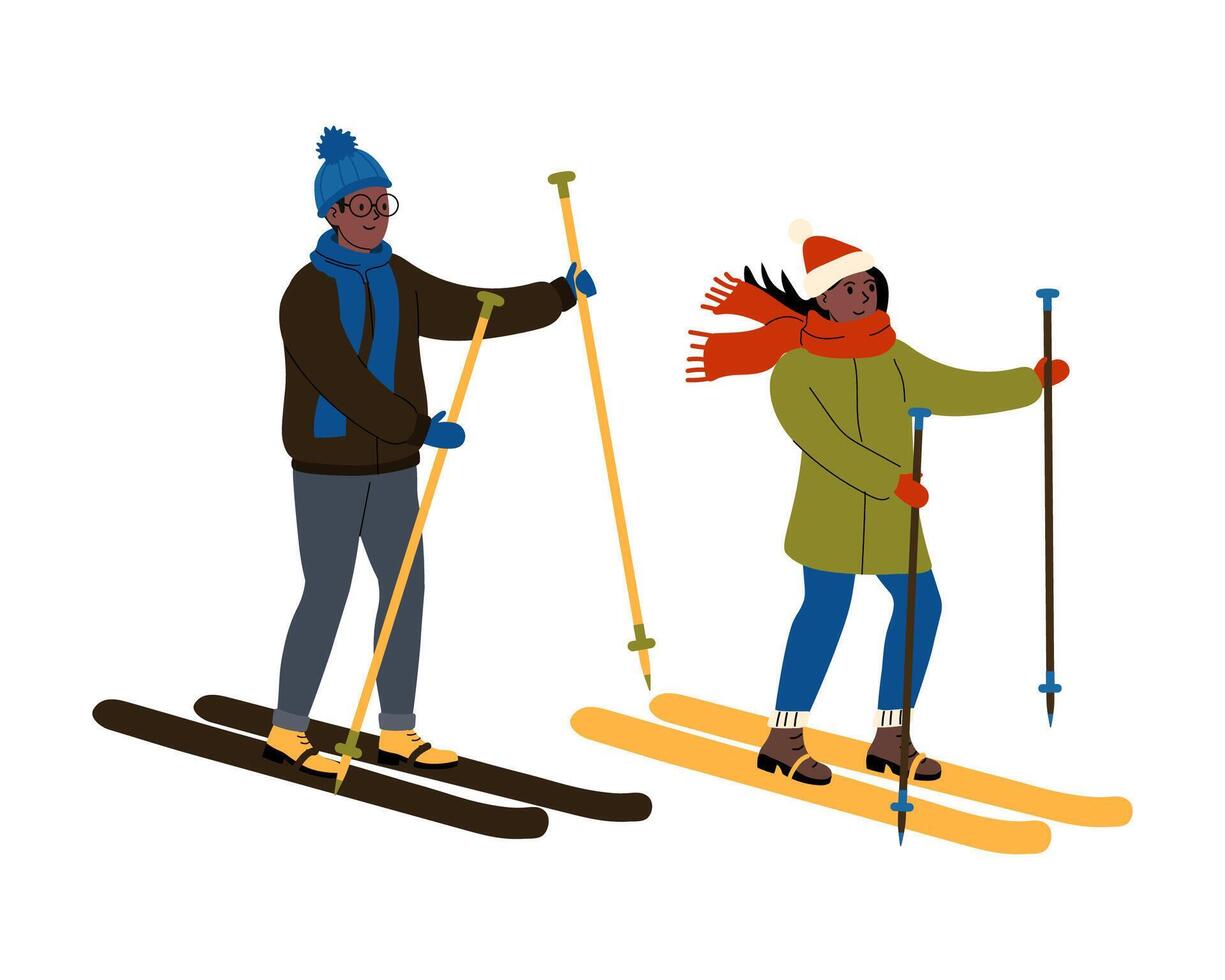 Winter outdoor activity featuring two individuals skiing on a snowy trail vector