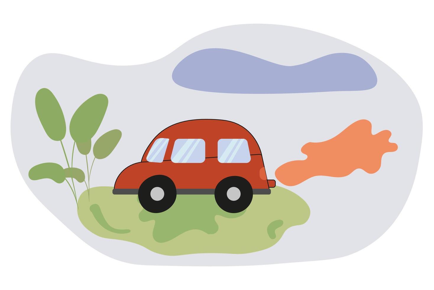 Bright red car driving on a small island surrounded by stylized clouds and foliage vector