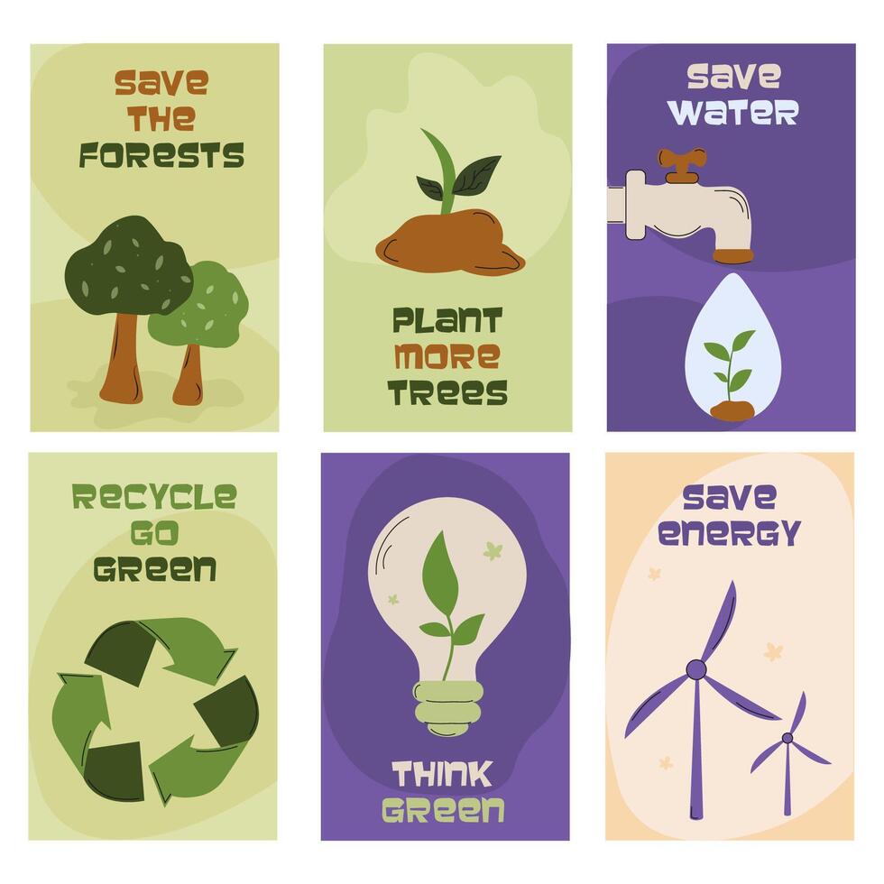 Environmental awareness posters promoting sustainability and conservation in a colorful design vector