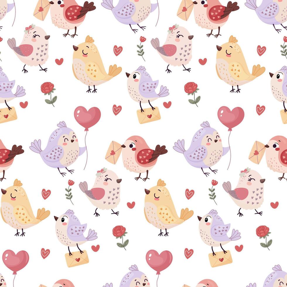 Valentine's Day, seamless pattern with cute love birds. For wrapping paper, background. vector