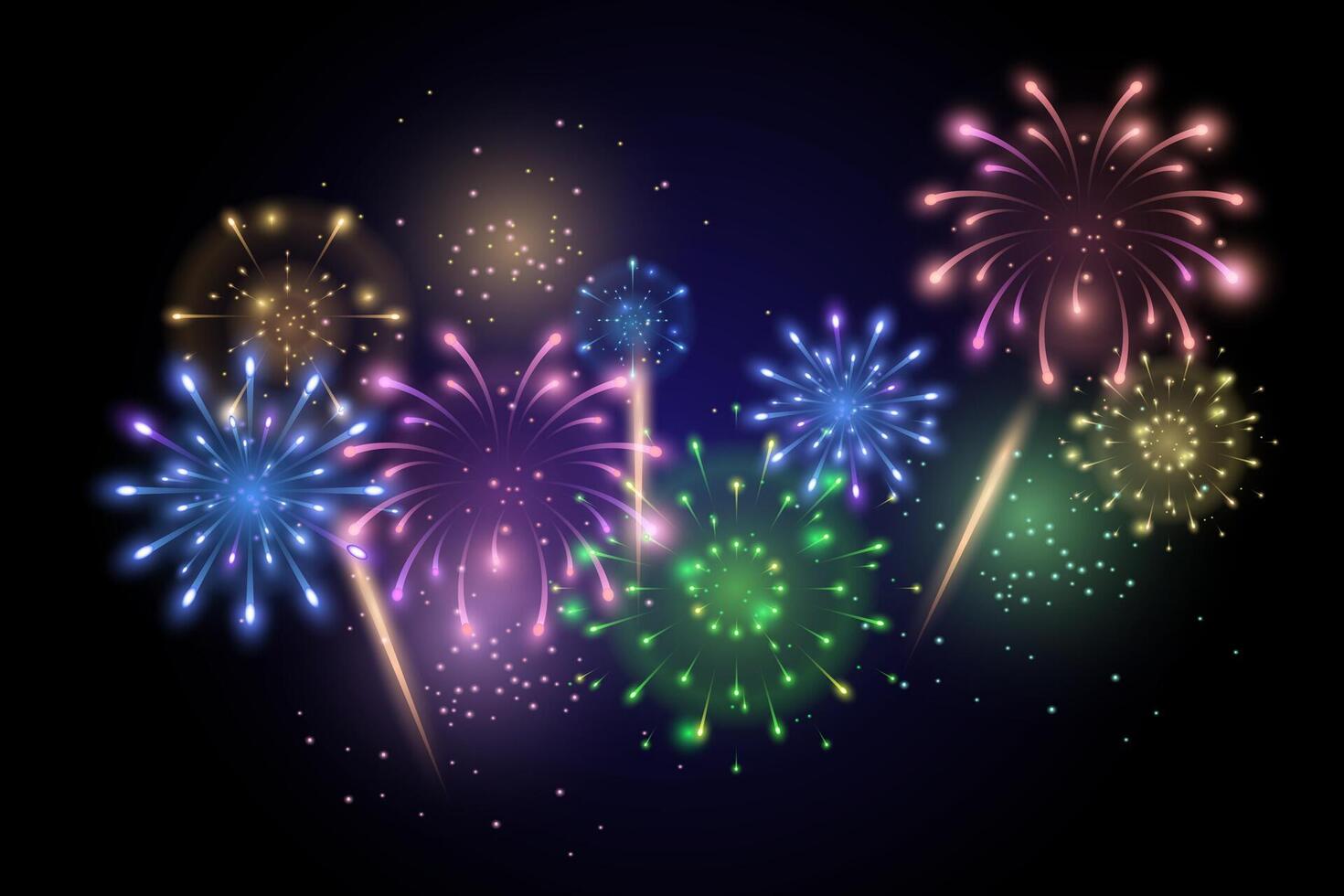 Colorful, multicolored, festive fireworks on black background. illustration vector