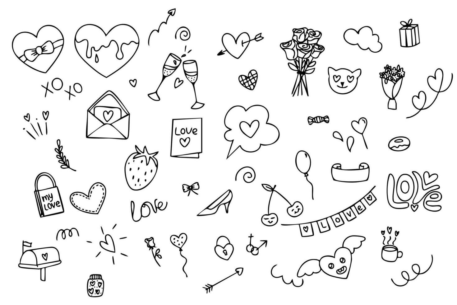 Doodle hand drawings for valentine's day. Black hearts, design elements vector