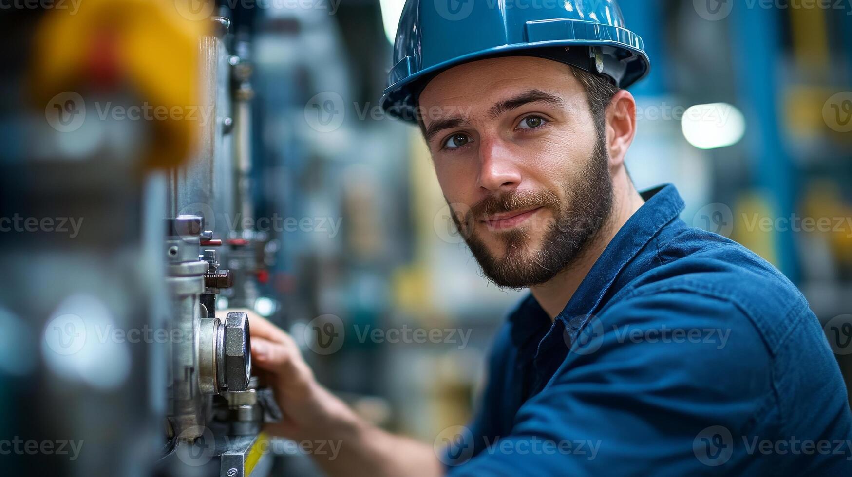 An industrial engineer in blue hard hat, smiling confidently while working on a machine in a factory photo