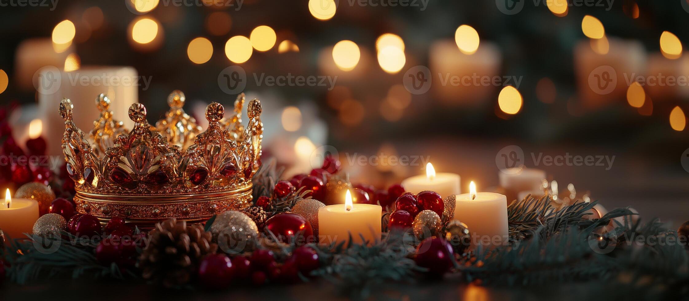 Golden crown with red jewels, candles and pine branches around. Epiphany wide banner, copy space photo