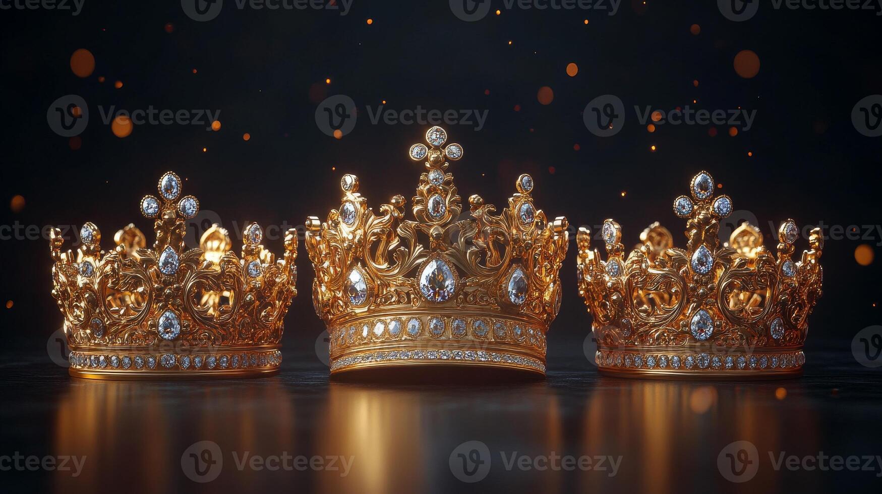 Three golden crowns with intricate designs and gemstones, dark background. Three Kings Day, Epiphany photo