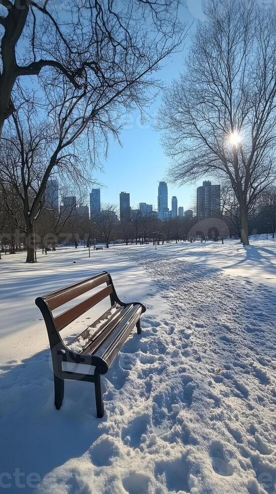 Snow covered park benches overlooking a city skyline under a clear blue sky. Winter vertical image photo