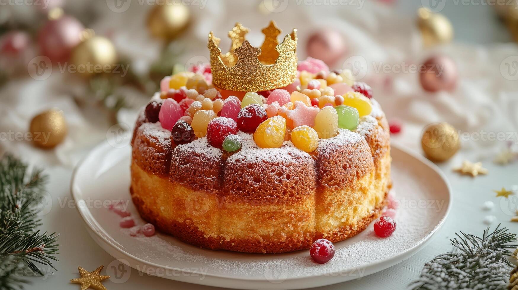 Bright Rosca de Reyes cake with gold crown, covered in powdered sugar. Epiphany and Three Kings Day photo