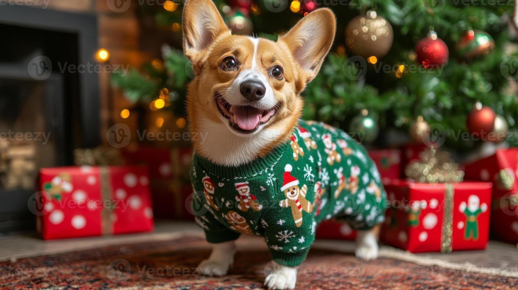 A corgi in festive green ugly sweater with gingerbread patterns stands in front of a Christmas tree photo