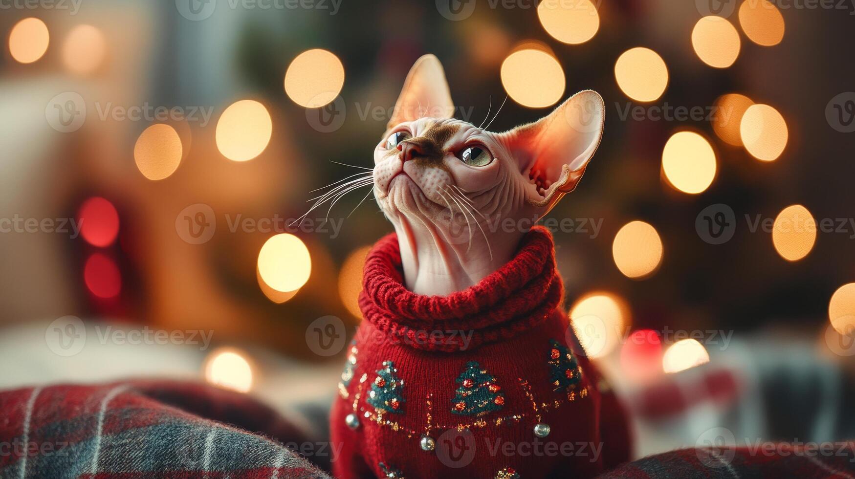 A hairless Sphynx cat in a red ugly sweater decorated with Christmas trees looks up thoughtfully photo