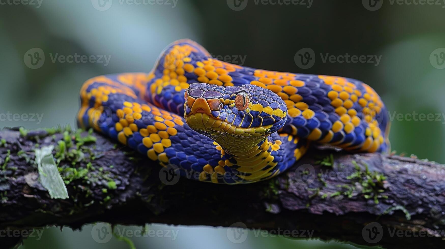 Gold ringed cat snake on tree branch. Its bright scales contrast with dark green foliage around it photo