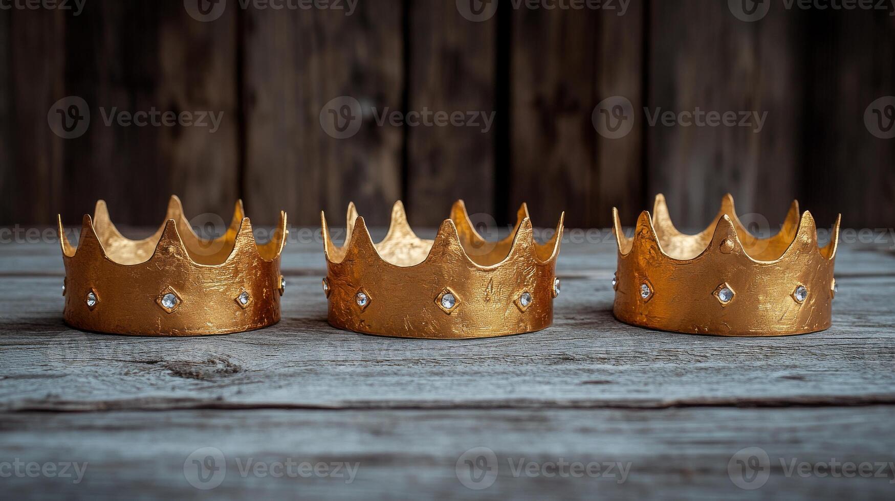 Three golden crowns on a rustic wooden surface. Three Kings Day and Epiphany holiday traditions photo