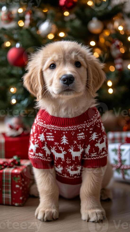 A golden retriever puppy wearing a red ugly sweater sits in front of Christmas tree. Vertical banner photo