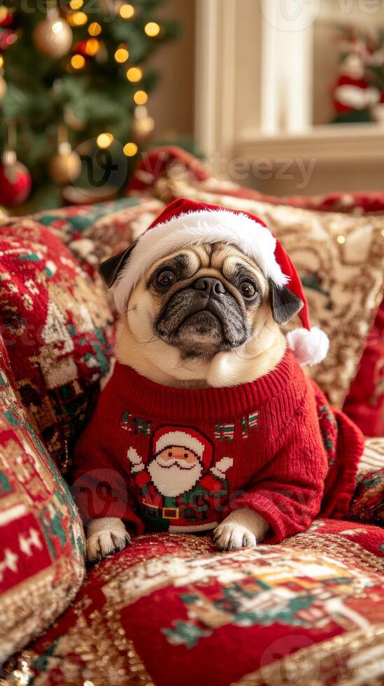 A pug dressed in ugly Christmas sweater and Santa hat sits on plush couch. Jumper Day vertical image photo
