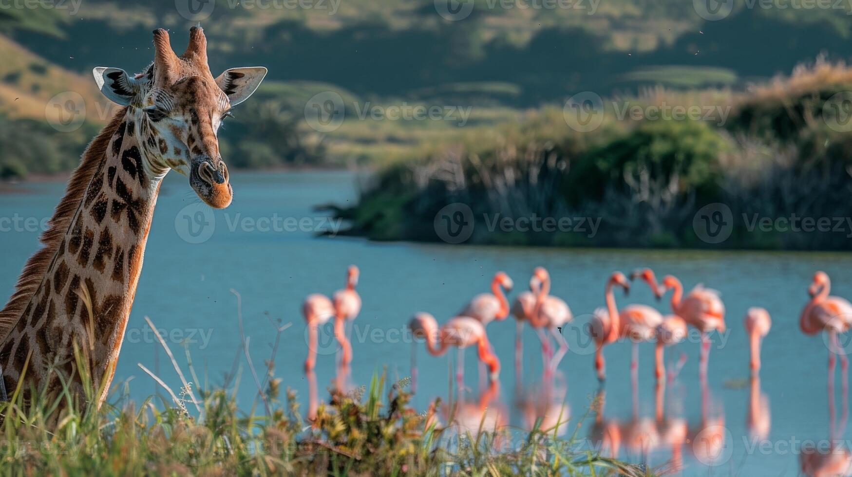 Close-up of a giraffe with a group of flamingos by a lake. Harmony of African wildlife, biodiversity photo