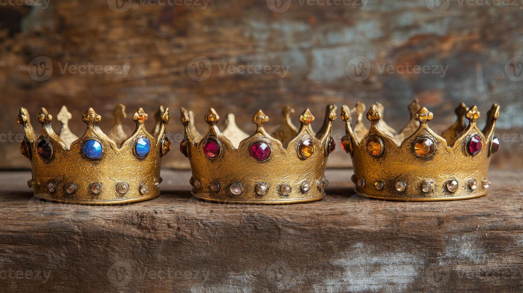 Three gold crowns with jewel embellishments on a rustic wooden surface. Three Kings Day and Epiphany photo
