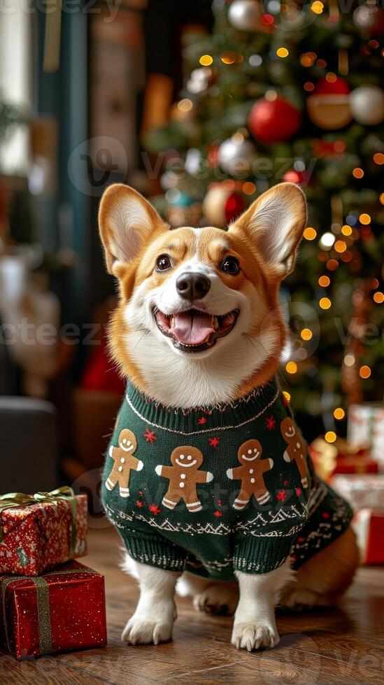 Corgi in ugly sweater with gingerbread men design poses by Christmas tree. Jumper Day vertical image photo