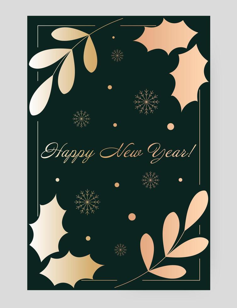 New Year greeting card with Happy New Year text. Dark green background adorned with golden holly leaves, decorative branches, snowflakes, and dots. Elegant, festive, seasonal winter holiday design vector