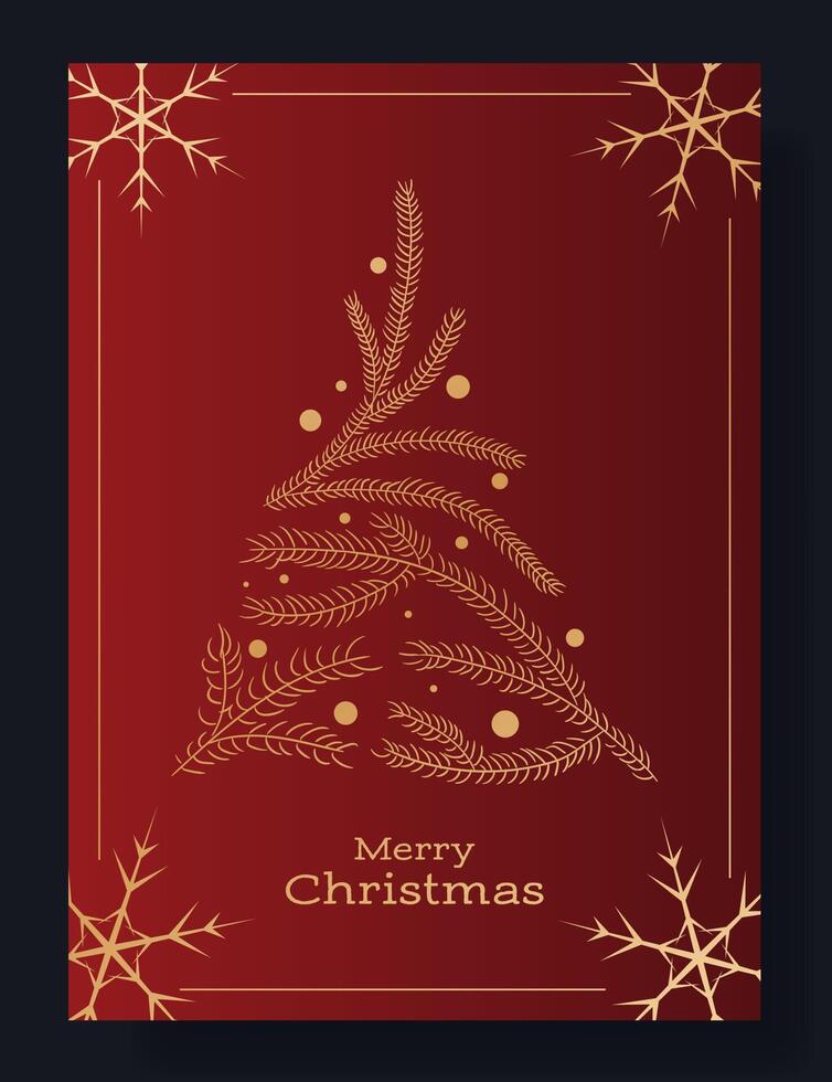Christmas greeting card with Merry Christmas text. Red background featuring a gold fir tree made of pine branches, decorative dots, and snowflakes in corners. Elegant, festive, seasonal winter holiday vector