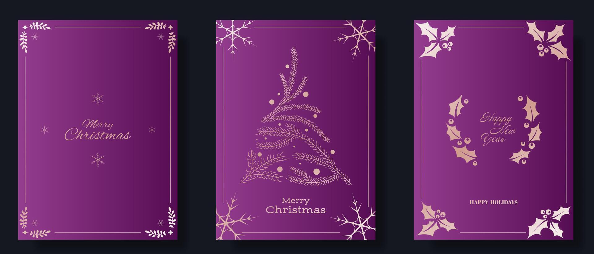 Elegant holiday card set with rich purple backgrounds, gold accents, festive designs. Includes Merry Christmas, Happy New Year greetings with minimalistic motifs of holly, snowflakes, pine branches vector