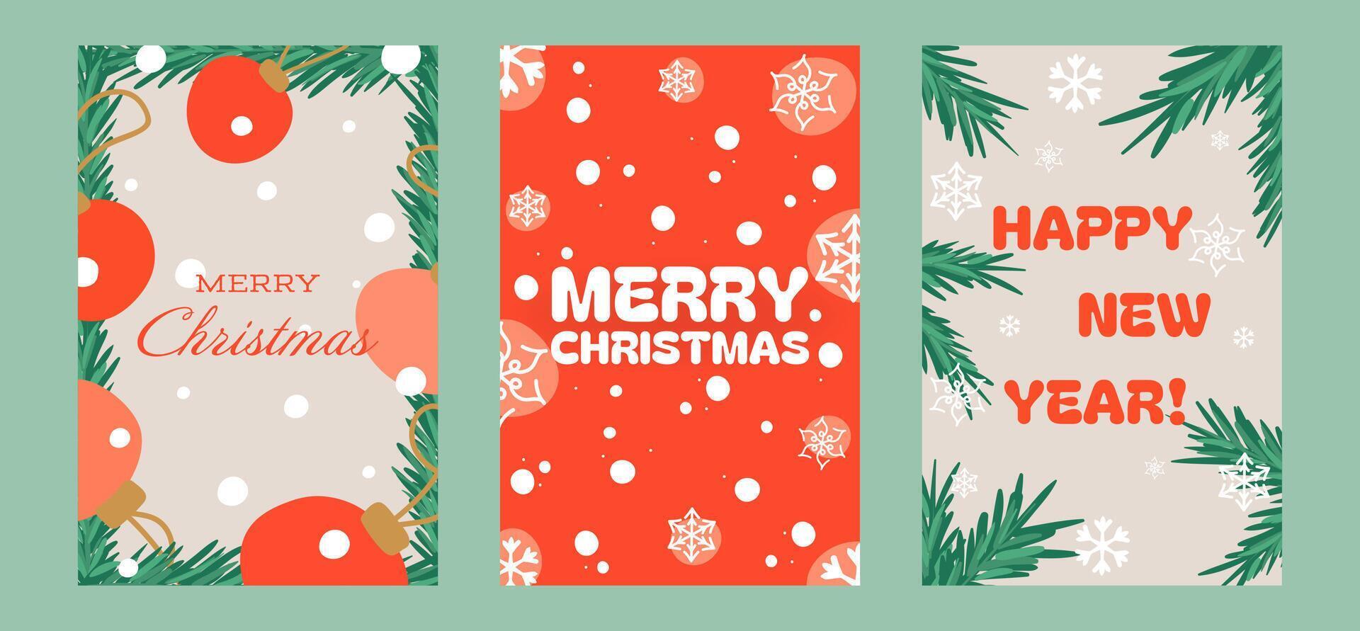 Holiday card set featuring vibrant designs with Christmas and New Year themes. Includes ornaments, snowflakes, pine branches, and festive lettering in red, gold, and green tones for seasonal greetings vector