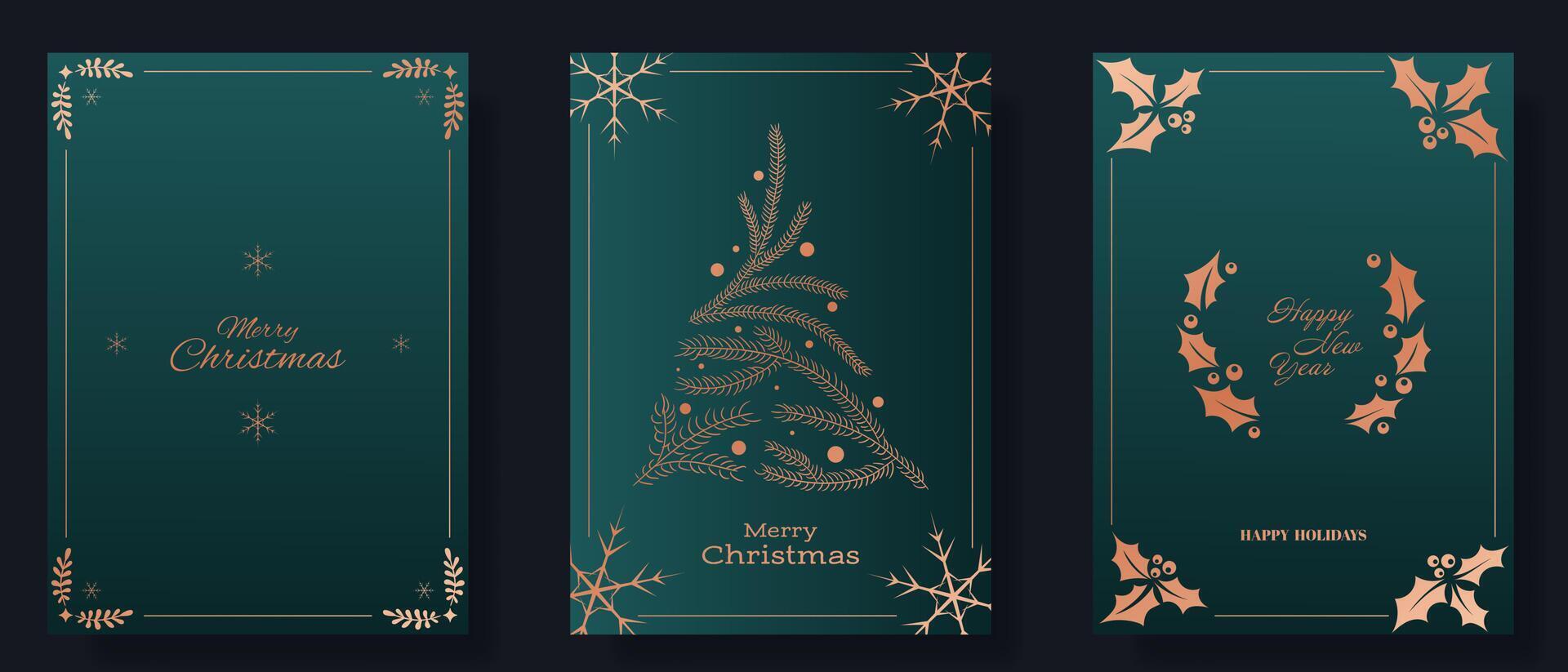 Christmas and New Year greeting card set. Green backgrounds with gold accents, including snowflakes, a pine tree made of branches, holly leaves, and berries. Merry Christmas, Happy New Year vector