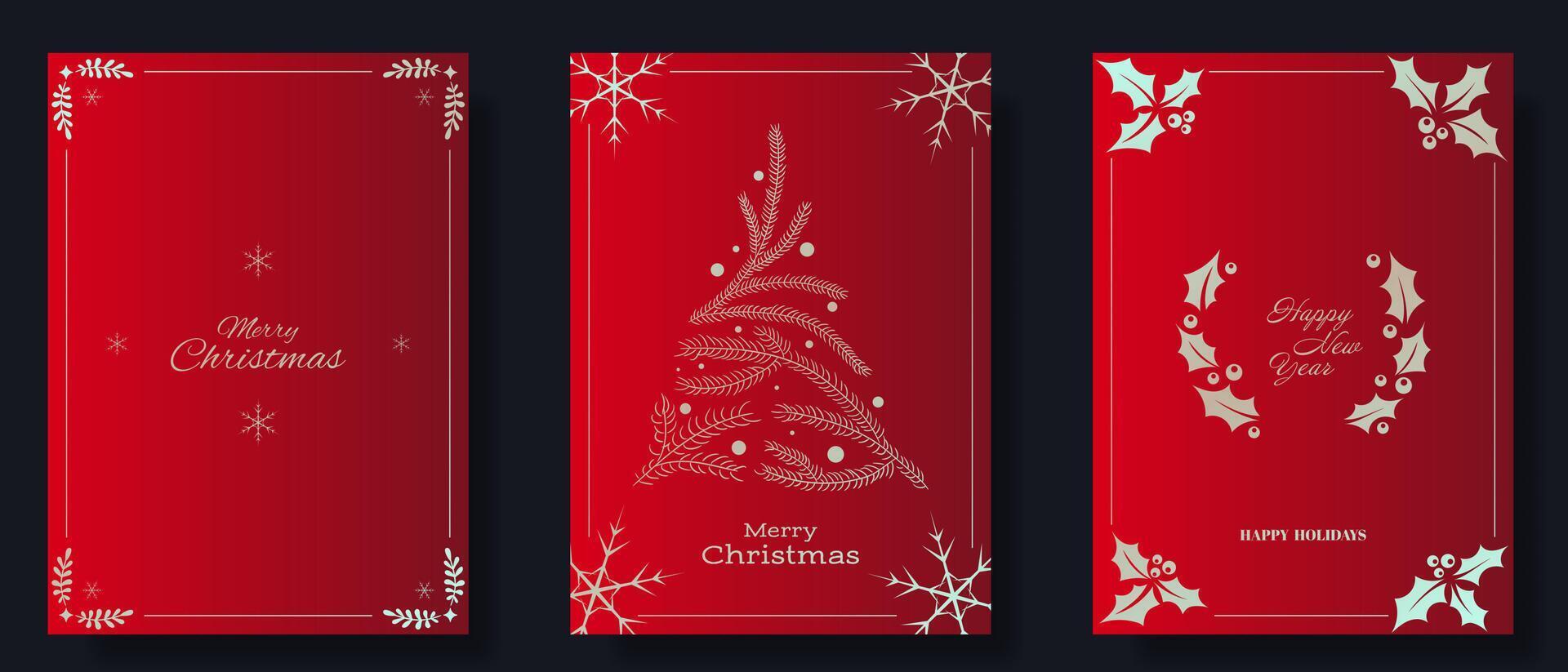 Elegant holiday card set with rich red backgrounds, gold accents, festive designs. Includes Merry Christmas, Happy New Year greetings with minimalistic motifs of holly, snowflakes, pine branches vector