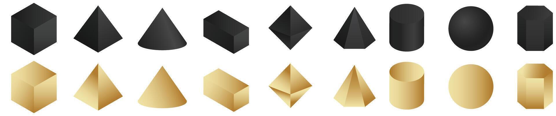 Golden and black geometric 3d shapes set vector