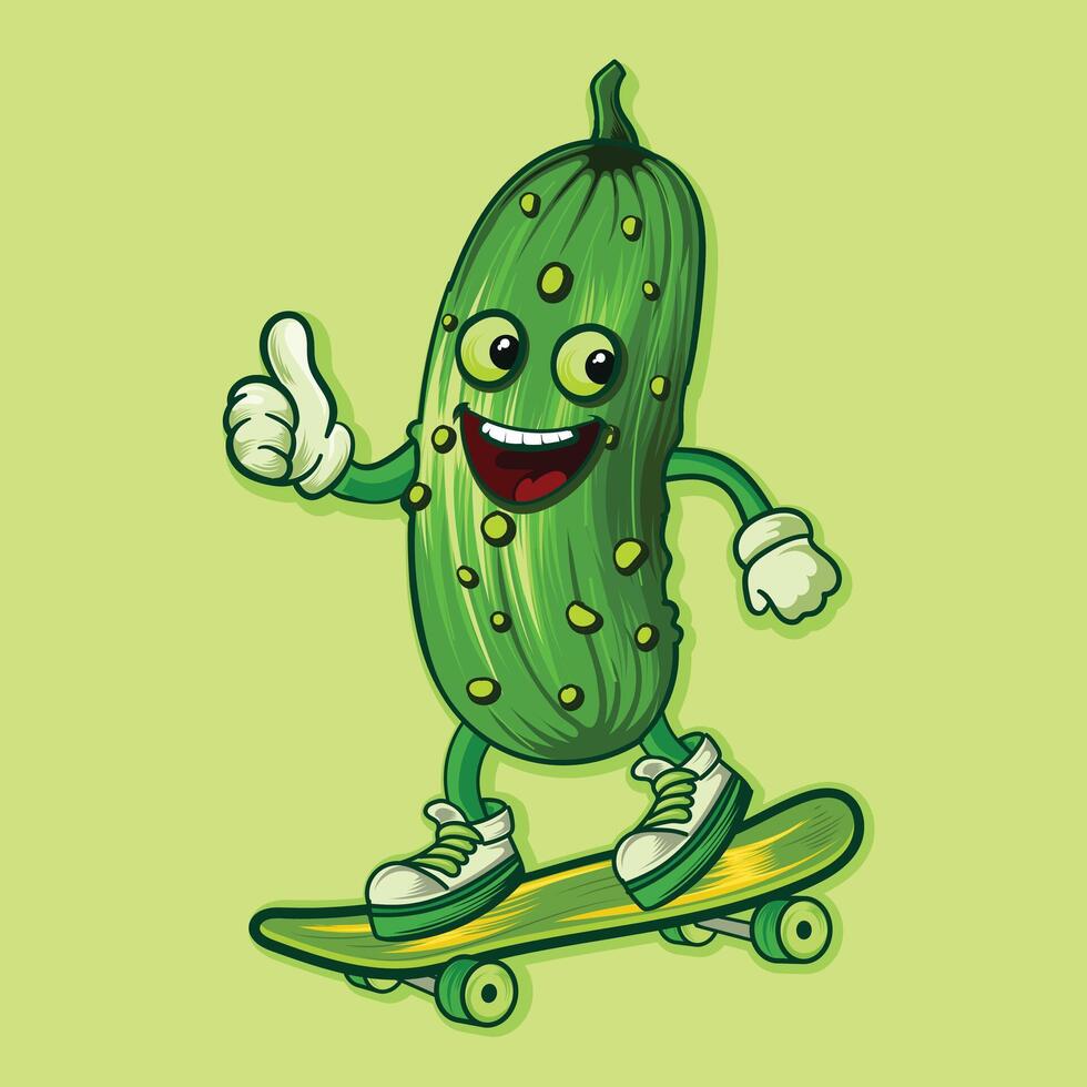 Pickle character playing with skateboard vagetable illustration design. vector