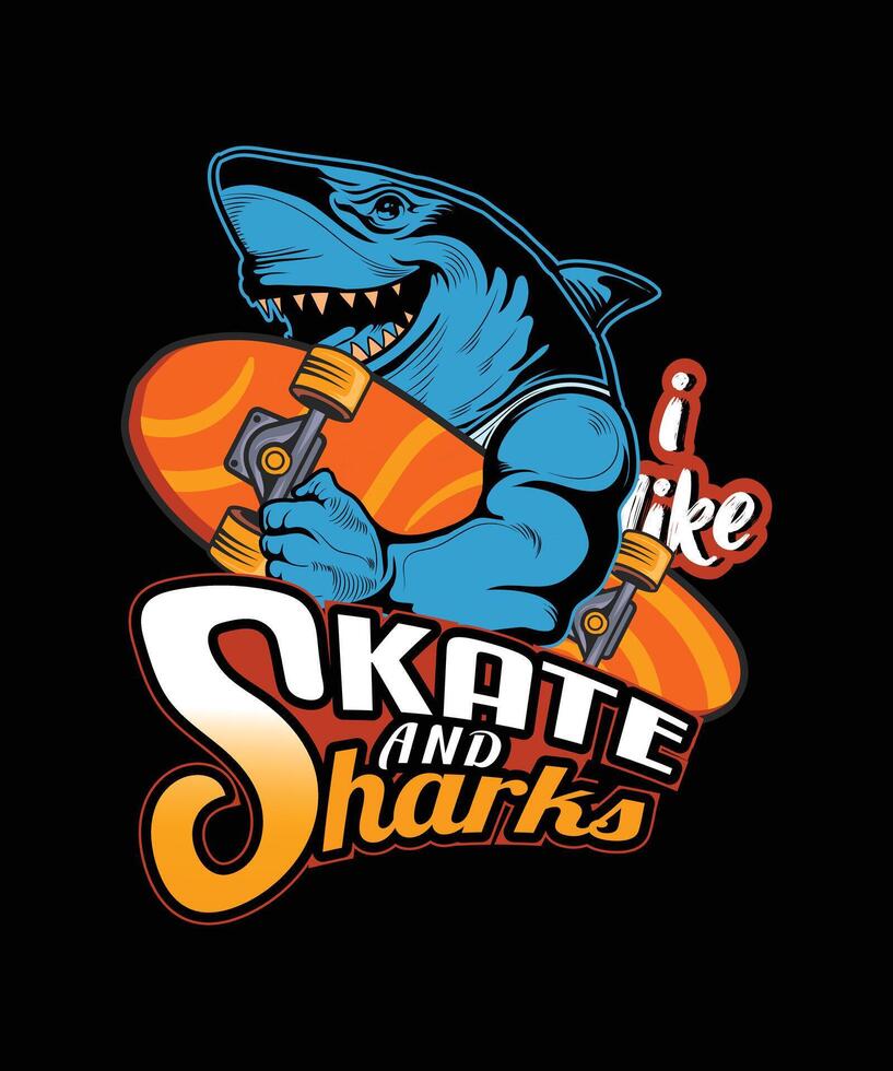 i love skate and sharks skateboard sport t-shirt design. vector