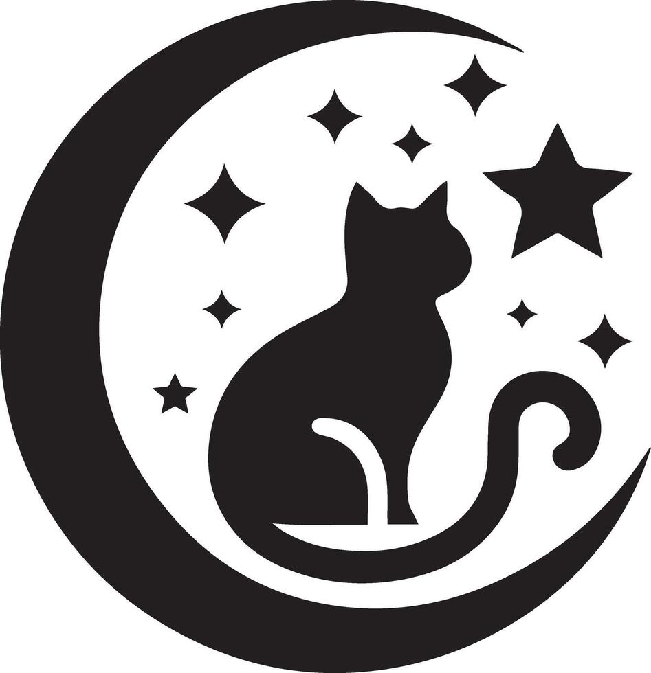 A black and white cat sitting on the moon with stars vector