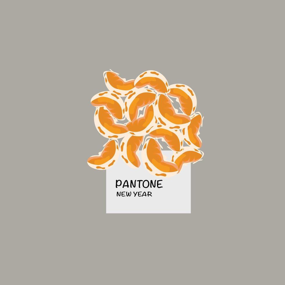 Pantone with fruit. Modern trendy print. Merry Christmas and Happy New Year greeting card. Mandarin slices. New year tangerine . vector