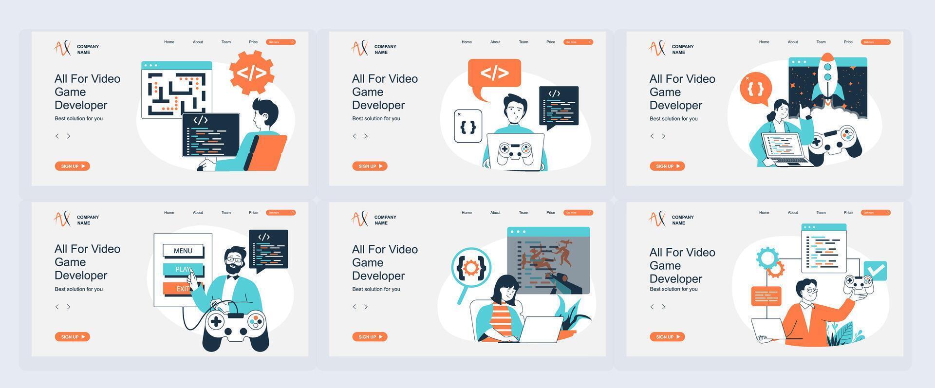game developer concept of landing page with slide templates set in flat design. Website headers with people write code for computer games, testing interface with joystick. illustrations. vector