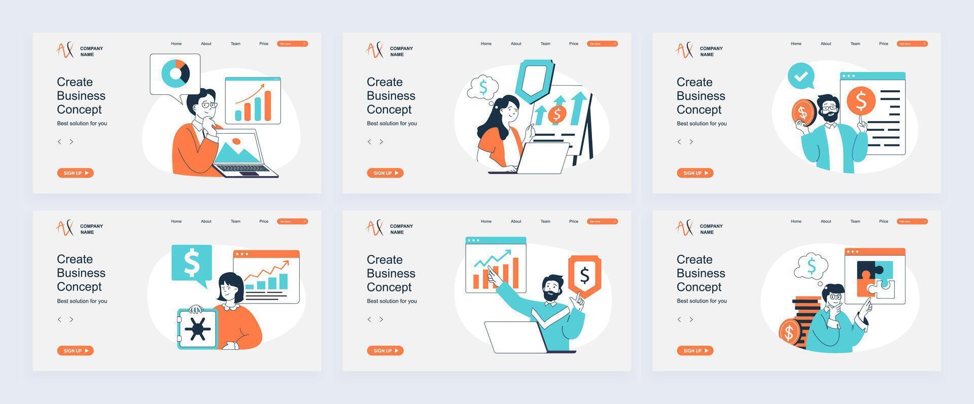 Business concept of landing page with slide templates set in flat design. Website headers with people brainstorming, make analysis, creating strategy, achieving financial goals. illustrations. vector
