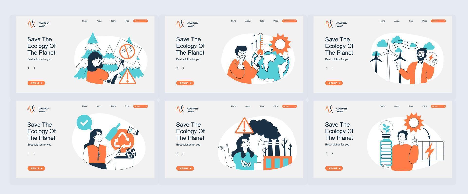 Ecology concept of landing page with slide templates set in flat design. Website headers with people stop forest fires, climate changes with warming, using alternative energy. illustrations. vector