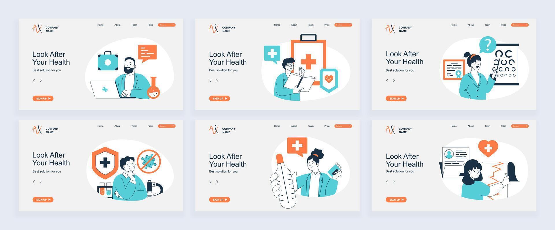 Medical services concept of landing page with slide templates set in flat design. Website headers with people check and diagnosis patients, prescribe treatment, research viruses. illustrations. vector