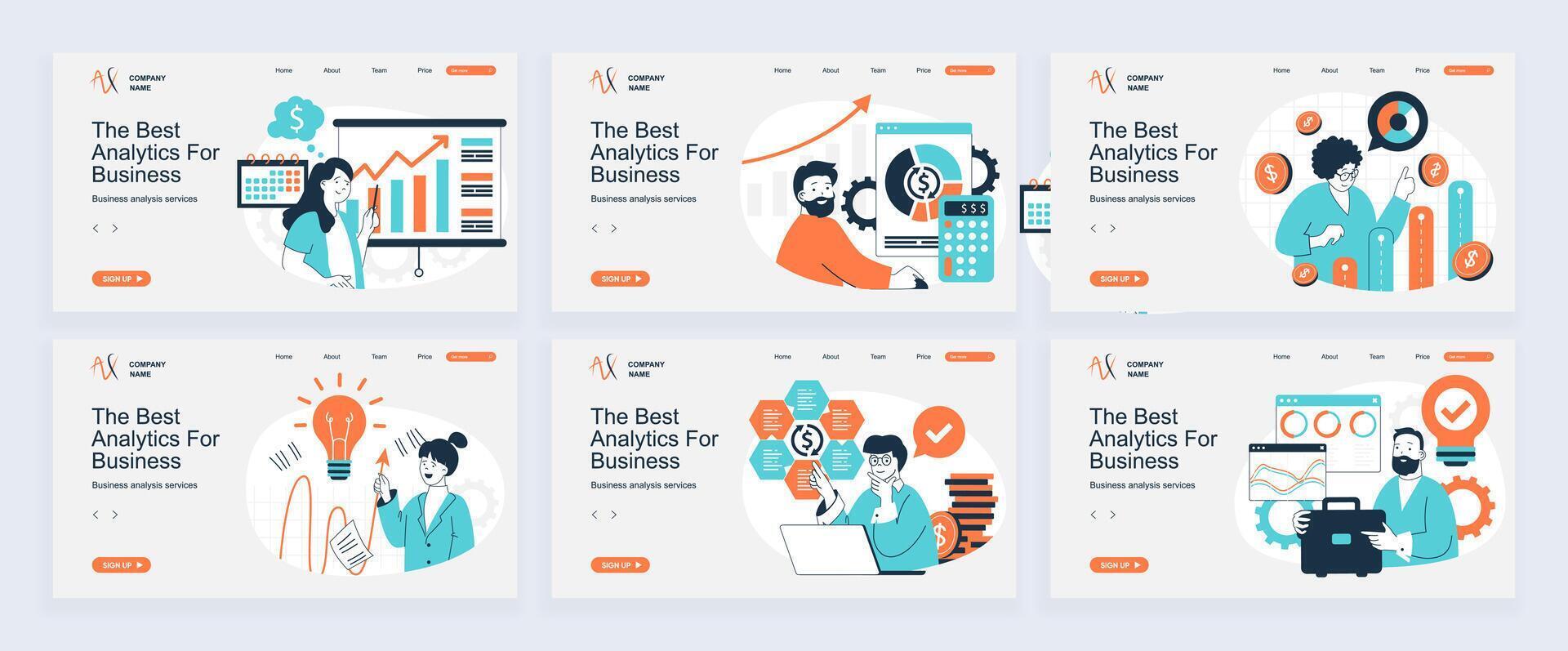 Business analytics concept of landing page with slide templates set in flat design. Website headers with people analyzing data graphs, monitoring, calculating financial report. illustrations. vector
