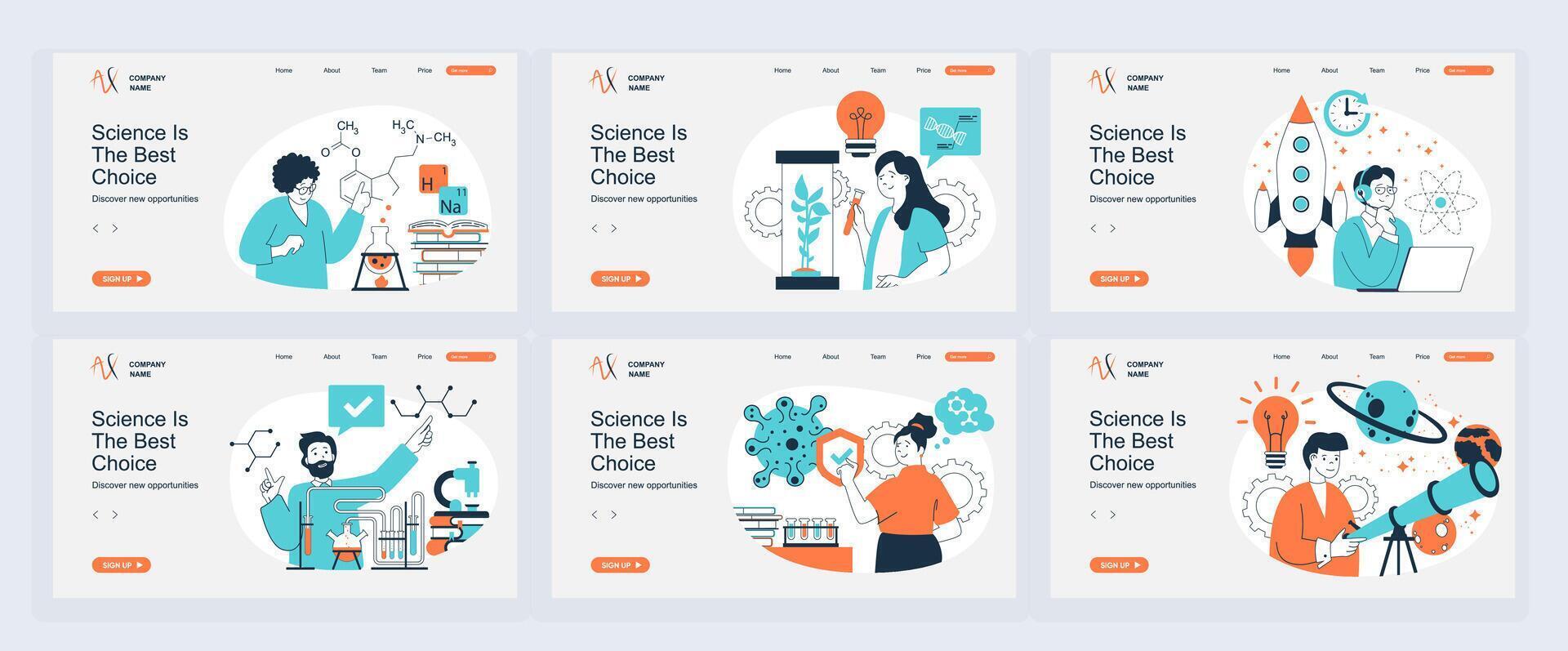 Science lab concept of landing page with slide templates set in flat design. Website headers with people make chemical research in flask, work at astronomy engineering programs. illustrations. vector