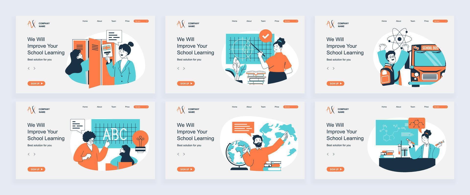 School learning concept of landing page with slide templates set in flat design. Website headers with people studying and teaching, classmate reading books, answering at lessons. illustrations. vector
