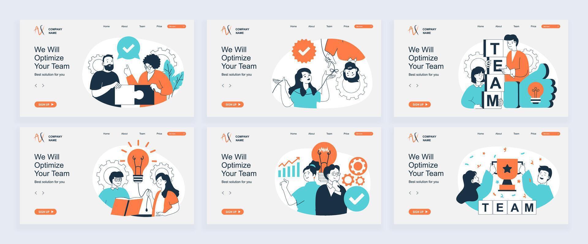 Teamwork concept of landing page with slide templates set in flat design. Website headers with people working together, solving problems, brainstorming and developing new ideas. illustrations. vector