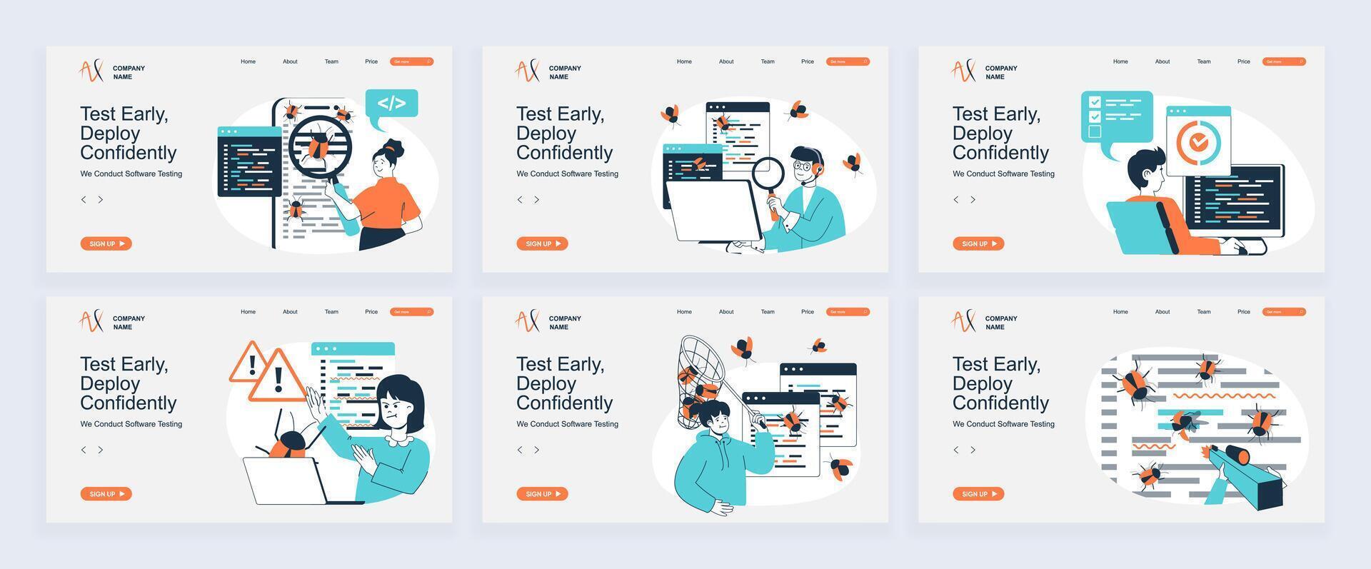 Software testing concept of landing page with slide templates set in flat design. Website headers with people find and fixing bugs in program code, do quality assurance analysis. illustrations. vector